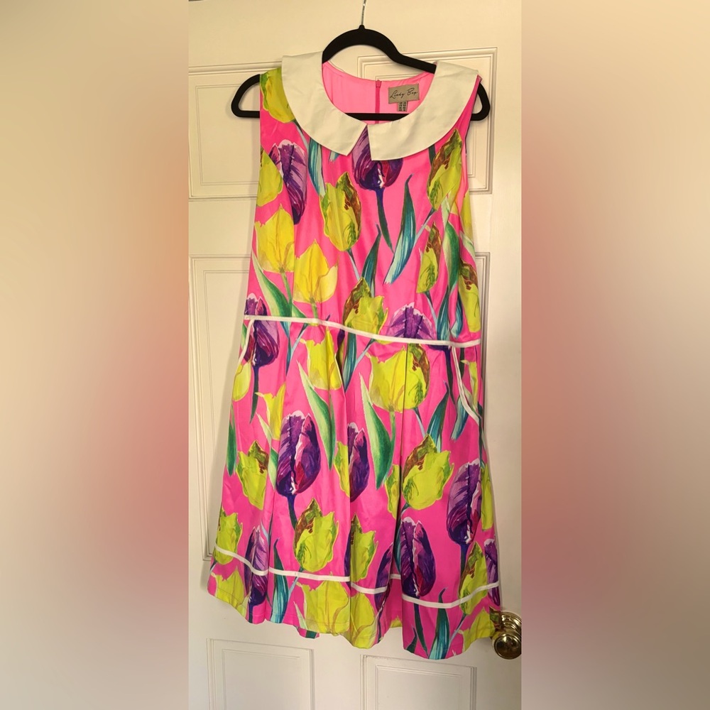 Lindy Bop: Molly Sue, Pink Tulips with Peter Pan collar  sz 16
